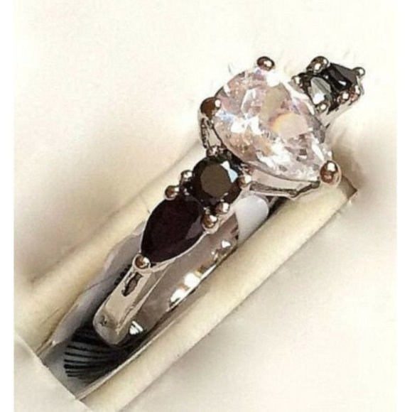 Silver Pear Cut Engagement Ring Black Onyx CZ Simulated Plated Size 8 9 10 - Picture 3 of 9